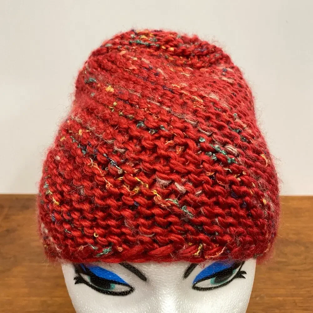 Wool Blend Women’s Red Chunky Knit Beanie Stocking Cap Ski Winter Hat Boho Indie